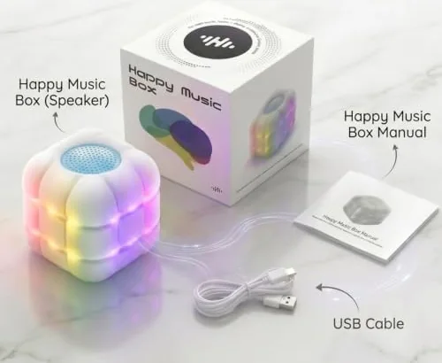 What's in the box: the Happy Music Box speaker, its gift box, the manual and a USB cable