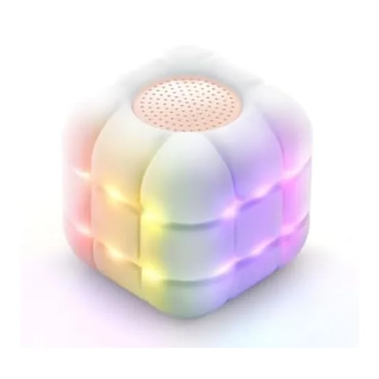 The cube glowing in pink, yellow, green and violet LED light